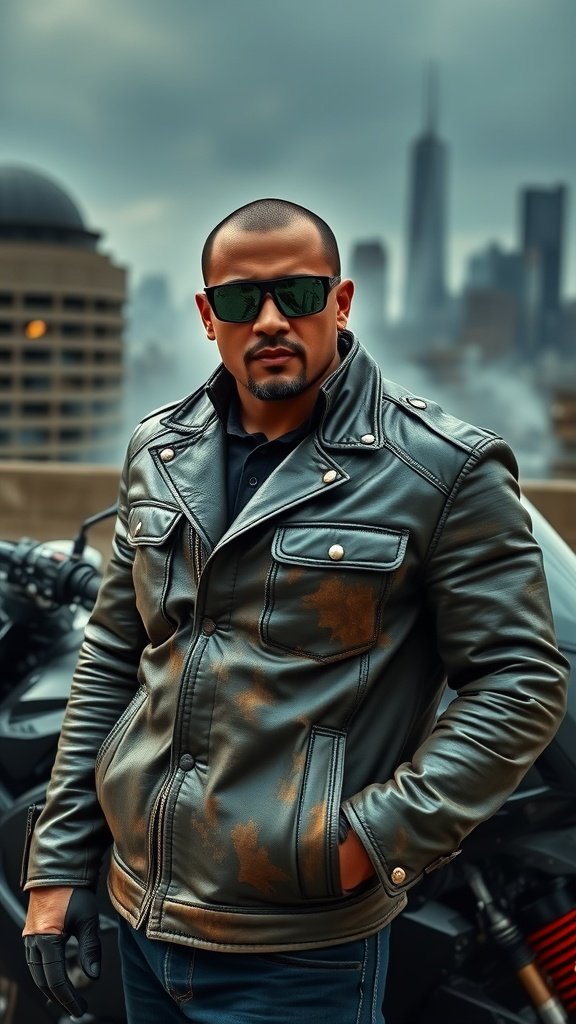 A man in a black leather jacket and sunglasses, sitting on a motorcycle with a city skyline in the background.