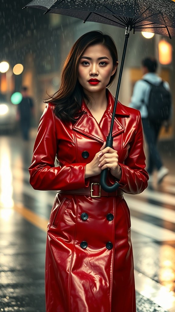 A woman in a red leather trench coat holding an umbrella in the rain.