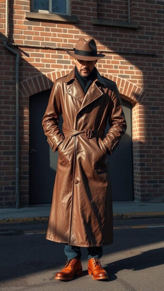A man wearing a brown leather trench coat and fedora standing against a brick wall.