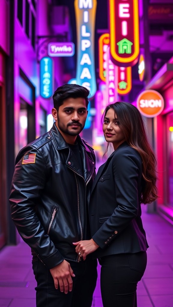 A couple in leather and tailored outfits standing in a neon-lit alley, embodying Gotham's noir romance.