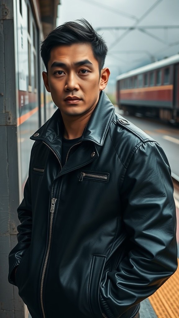 A man in a black leather jacket with silver zippers, standing at a train station.