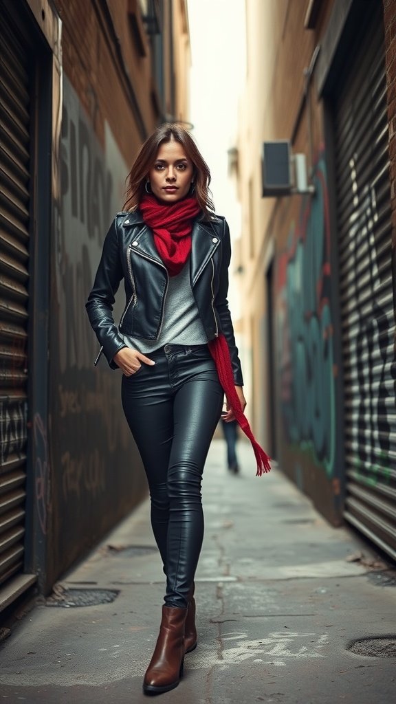 A woman in a black leather jacket and red scarf walking through an urban alley.