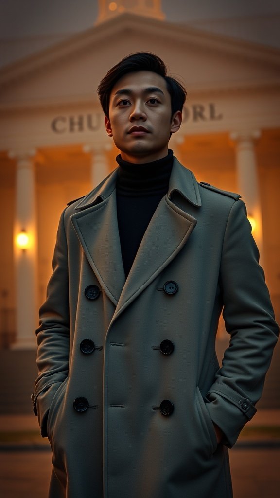 A person wearing a stylish trench coat in front of a building, embodying urban sophistication.