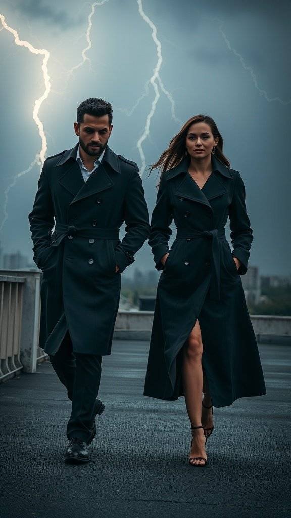 A stylish couple in dark trench coats walking confidently in a stormy Gotham setting.