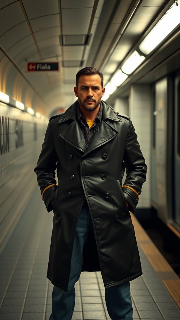 A man in a leather trench coat stands confidently in a subway station.
