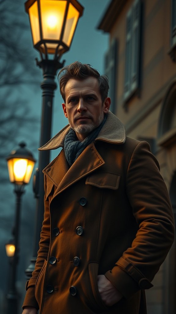 A man in a brown trench coat standing under a street lamp in a dimly lit urban setting.
