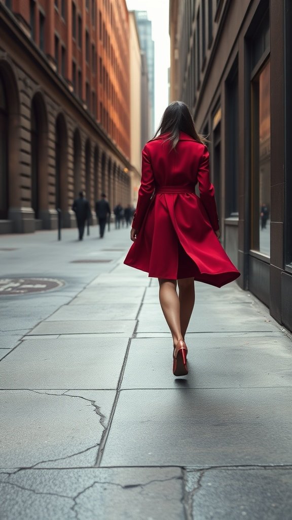 A woman in a red trench coat walking down a city street, showcasing bold fashion.