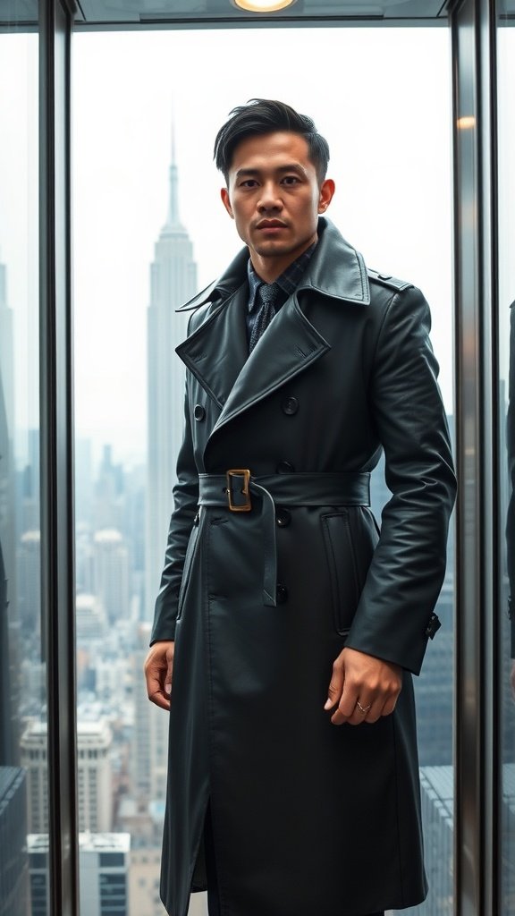 A man in a leather trench coat stands in a glass elevator with a city skyline in the background.