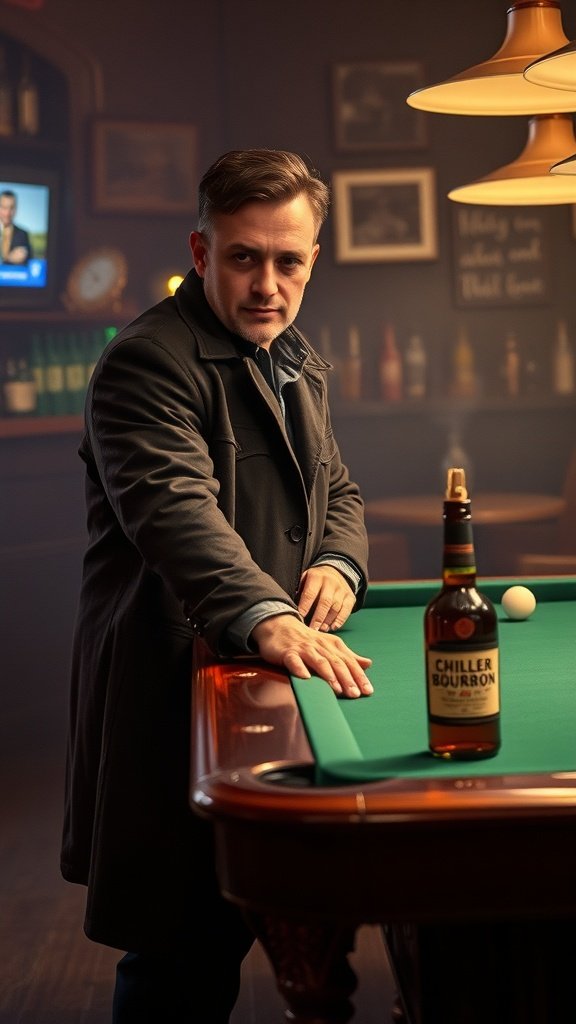 A man in a trench coat stands by a pool table in a dimly lit bar, with a bottle of bourbon on the table.