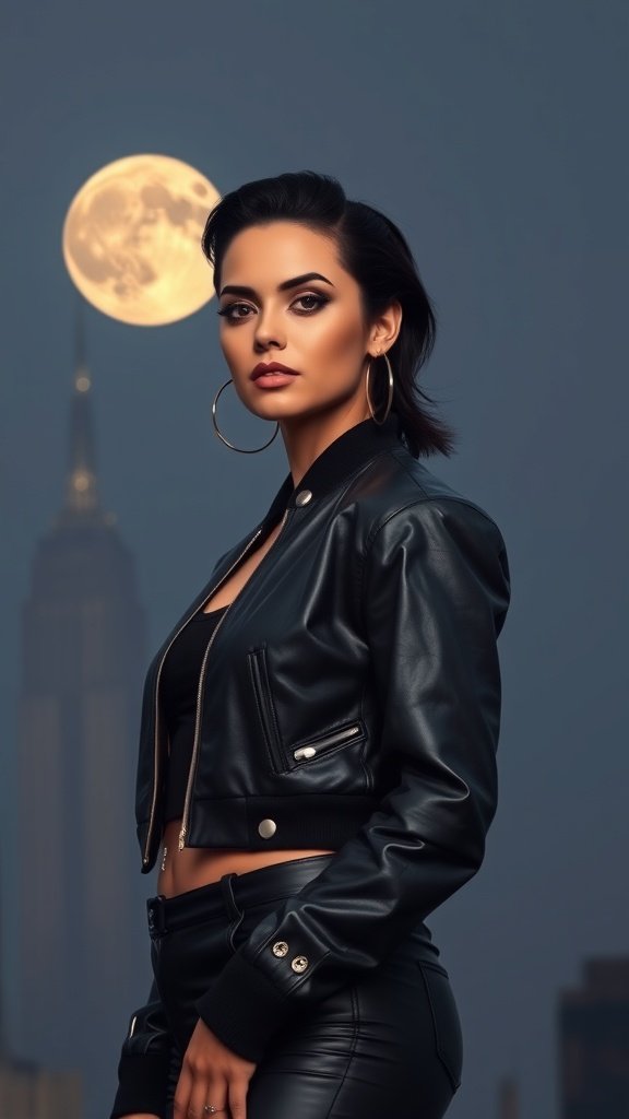 A confident individual in a black leather jacket stands in a moonlit alley with the Empire State Building in the background.