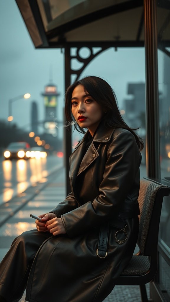 A woman in a leather trench coat sitting at a bus stop on a rainy evening in Gotham.