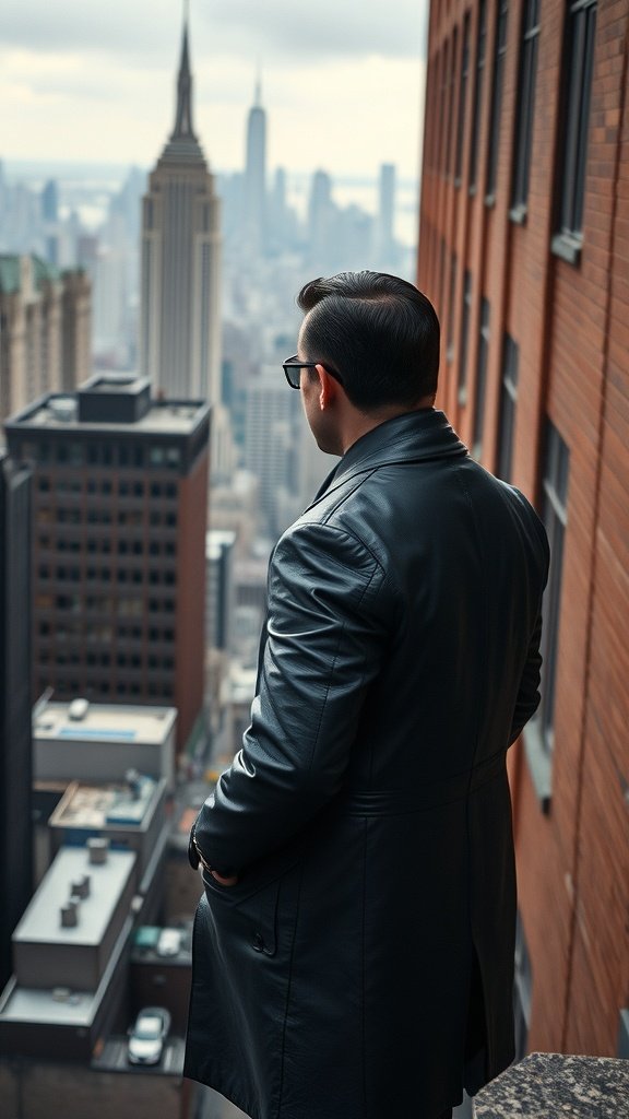 A man in a leather coat standing on a rooftop overlooking a city skyline.