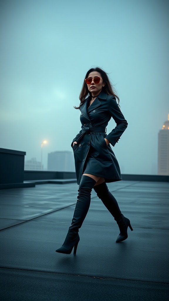 A woman in a leather trench coat and sunglasses stands on a rooftop against a moody skyline.
