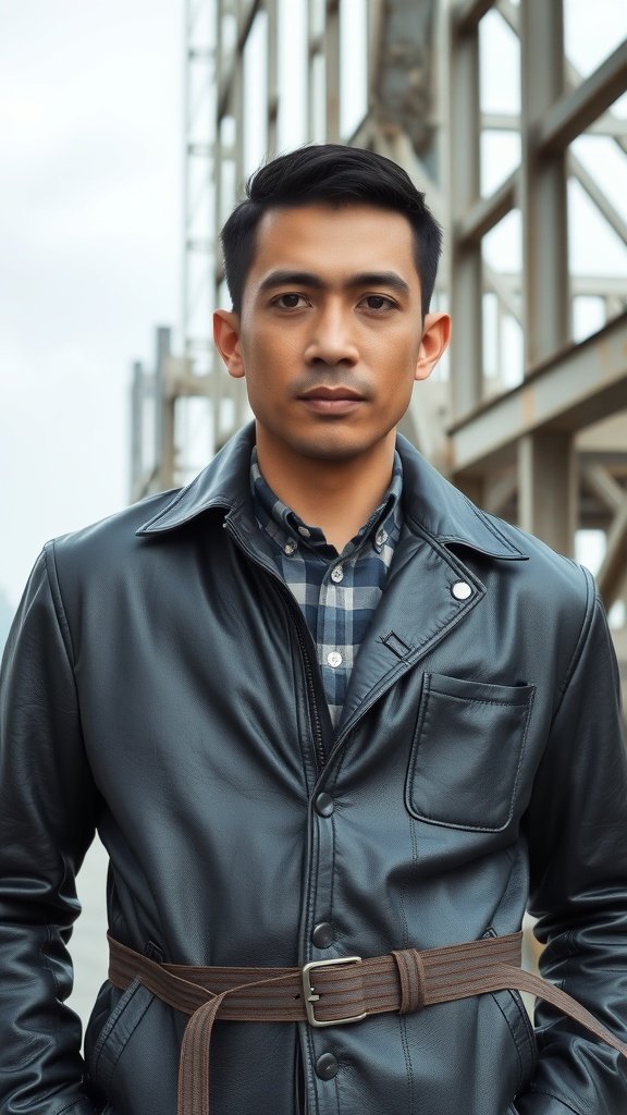 A man in a black leather jacket with a belted waist, standing in an urban setting.