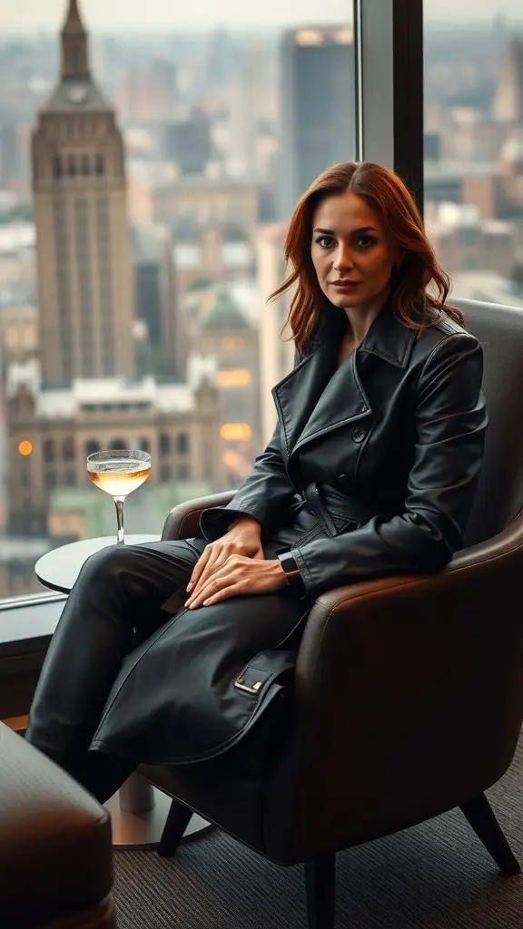 A figure in a leather coat sitting in a chair with a drink, overlooking a city skyline.