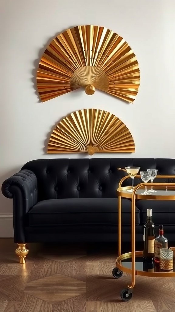 A stylish black tufted couch next to a brass bar cart with drinks, decorated with golden fan wall art.