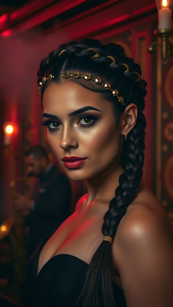 Woman with braided crown and bold makeup in a jazz club setting