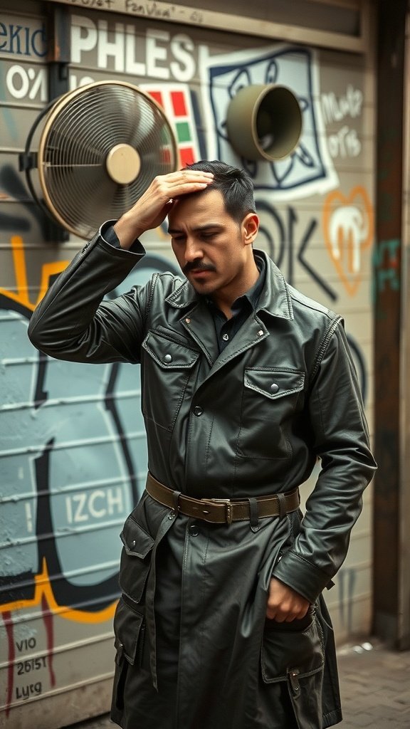 A man in a leather trench coat standing in front of a graffiti-covered wall, looking thoughtful.