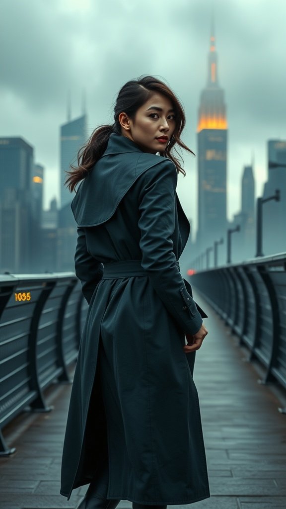 A person wearing a stylish trench coat walks away in an urban setting with skyscrapers in the background.