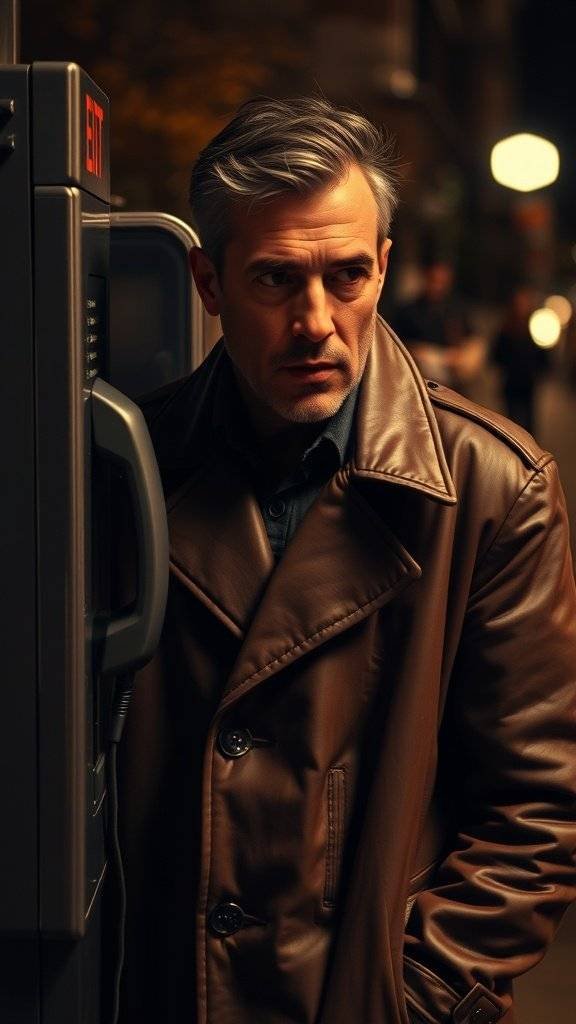 A man in a brown leather trench coat standing by a payphone at night, looking serious and contemplative.