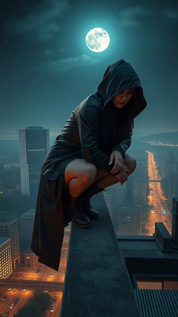 A figure in a hooded leather trench coat sits on a rooftop overlooking a city skyline at night, with a full moon in the background.