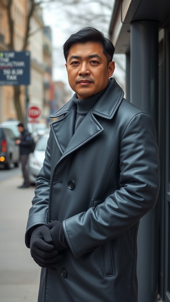 A man in a grey trench coat standing on a city street with a grey sky in the background.
