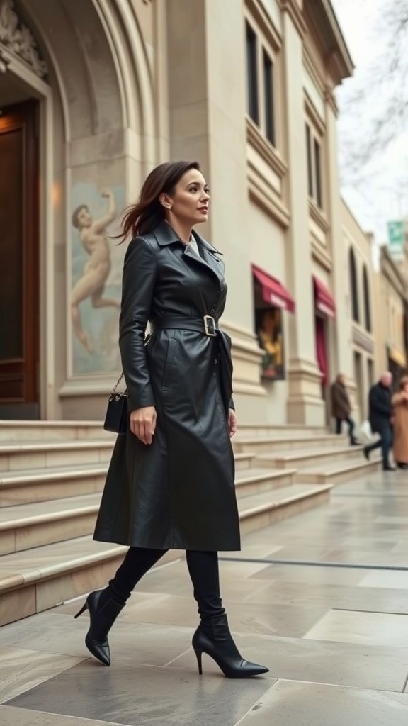 A woman wearing a black leather trench coat and high heels walking down a city street.