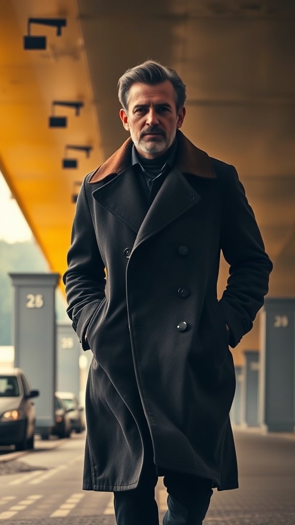 A man in a stylish trench coat walking in a dimly lit urban setting.