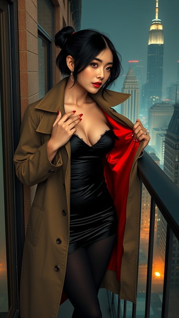 A woman wearing a trench coat with a red silk lining, standing on a balcony with a city skyline in the background.