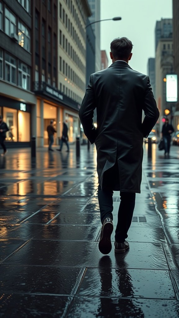 A man walking in a leather trench coat on a rainy downtown street.