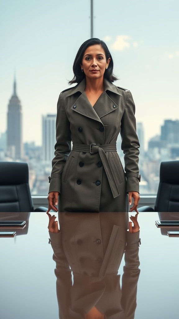 A confident woman in a trench coat stands in an office with a city skyline behind her.