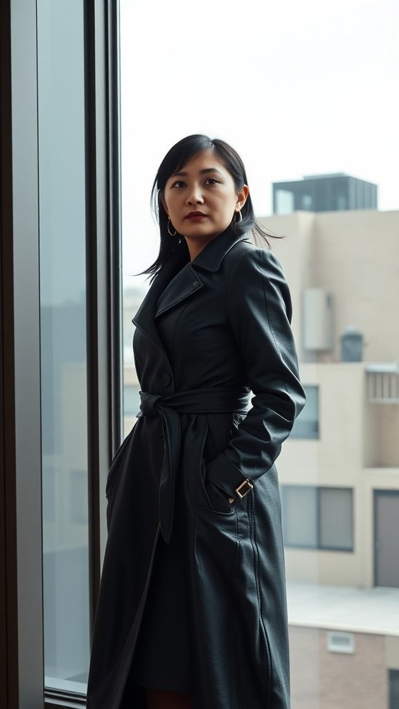 A woman in a black leather trench coat standing by a window with a city view.