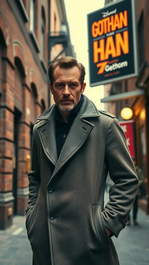 A man in a stylish trench coat standing in an urban setting with a Gotham-themed sign in the background.