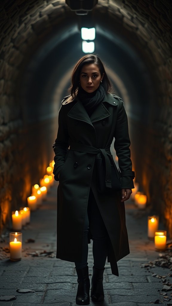 A model in a dark trench coat standing in a candle-lit tunnel, embodying noir elegance.