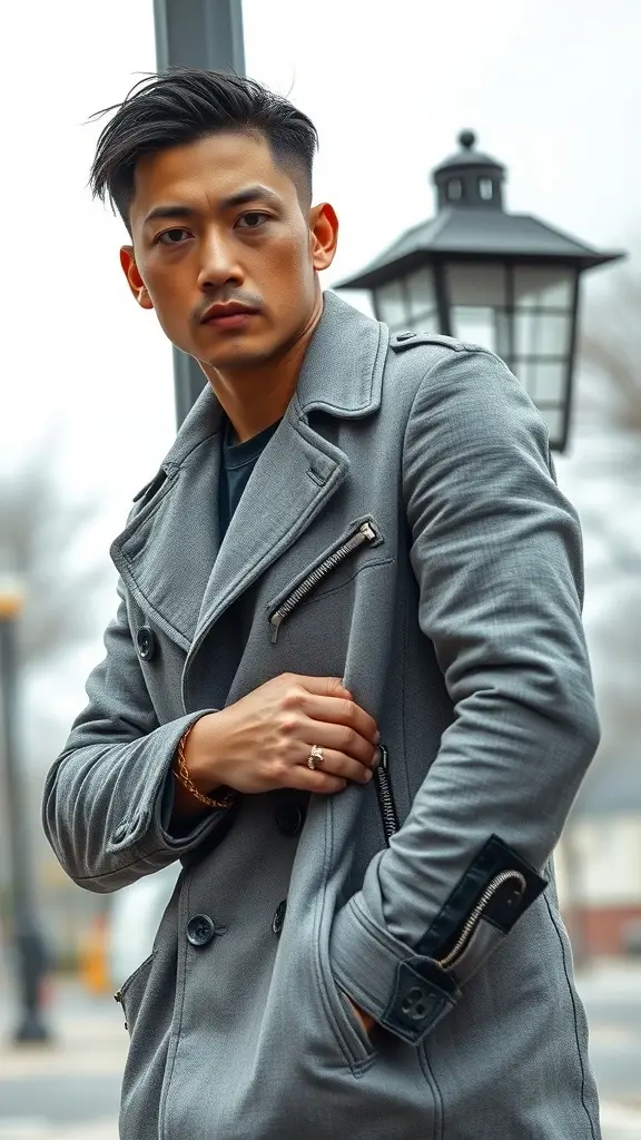 A stylish man in a gray trench coat with zippers, standing confidently on a city street.