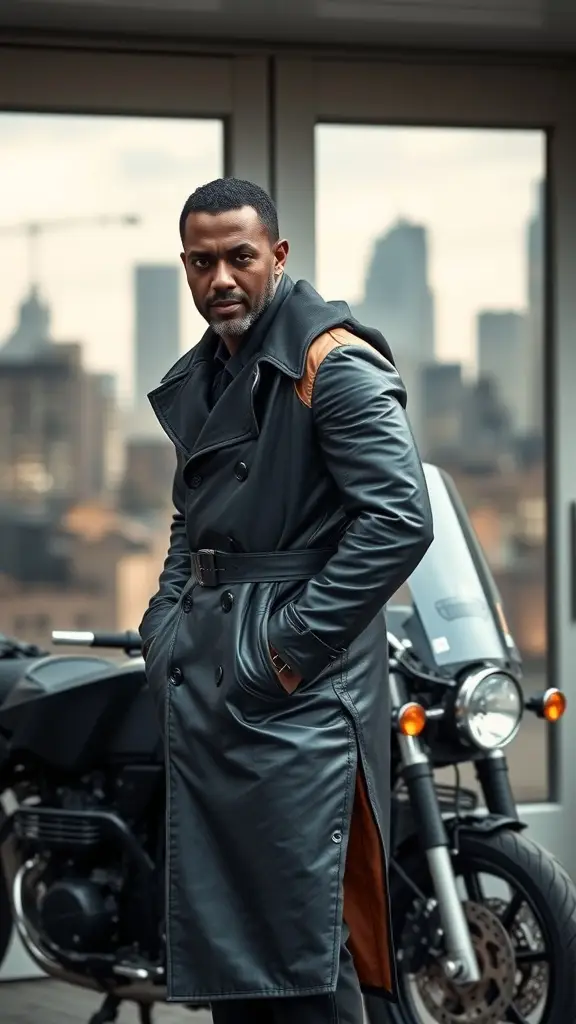 A man in a stylish leather trench coat standing next to a motorcycle with a city skyline in the background.