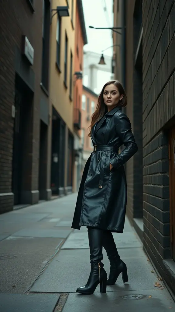 A woman in a black leather trench coat standing confidently in an urban alleyway.