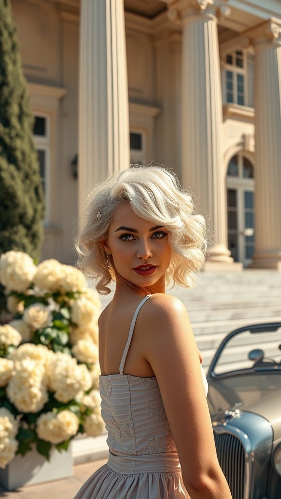 A stylish woman with ivory curls poses in front of a grand building with columns, showcasing vintage-inspired fashion.