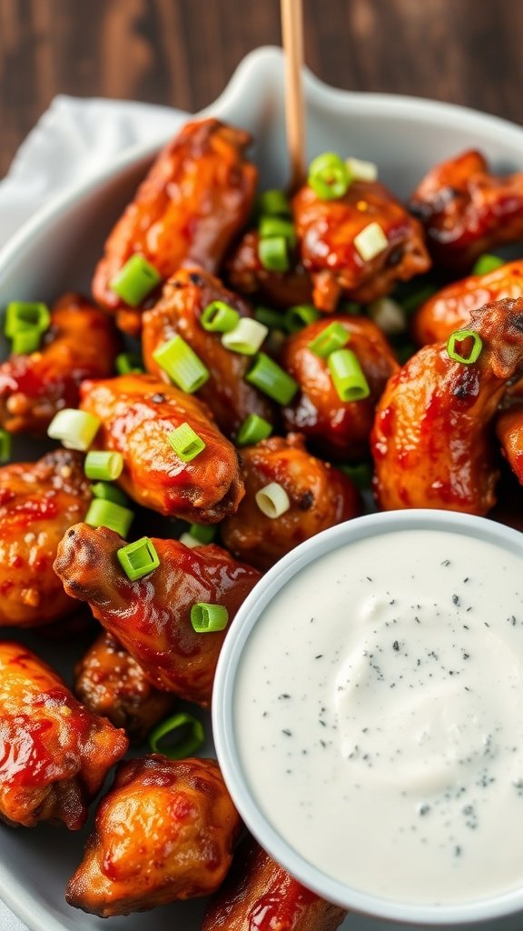 A plate of spicy chicken wings garnished with green onions and served with ranch dressing.