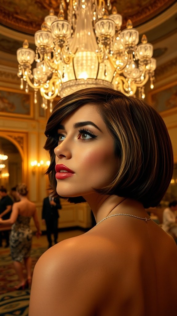 A woman with a chrome bob hairstyle stands under a chandelier, showcasing bold makeup and elegance.