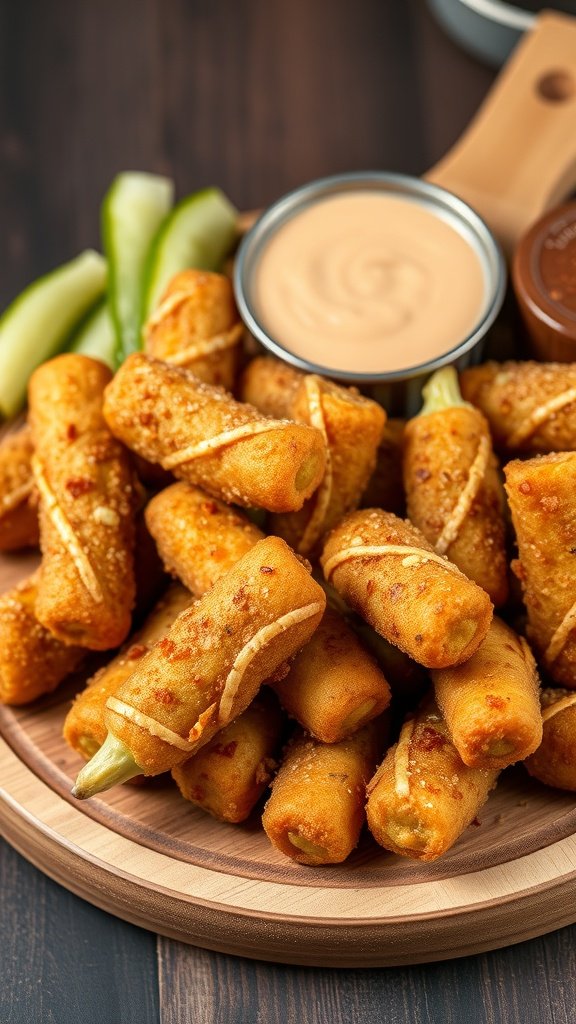 A plate of crunchy fried pickles served with dipping sauces and garnished with cucumber slices.