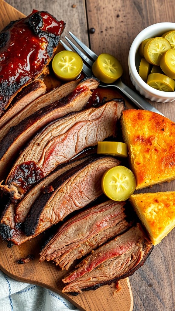 A deliciously smoked BBQ brisket served with pickles and cornbread.