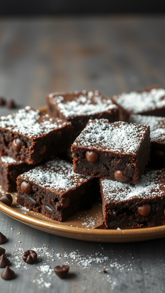 A plate of rich chocolate brownies dusted with powdered sugar, showcasing their fudgy texture and chocolate chips.