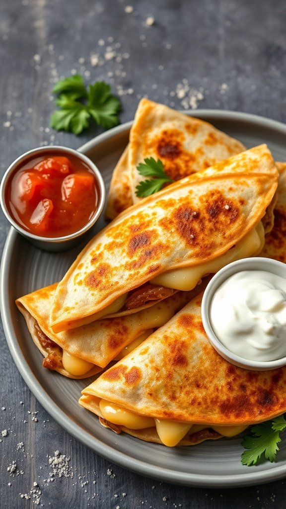 Delicious chicken quesadillas served with salsa and sour cream on a plate.