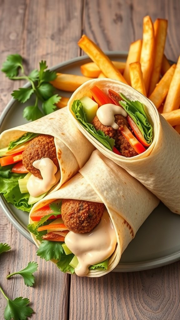 Falafel wraps with fresh vegetables and fries on a plate.
