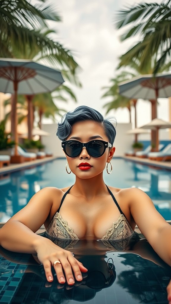 A person with a pin curl pixie hairstyle lounging by a pool, wearing sunglasses and swimwear.