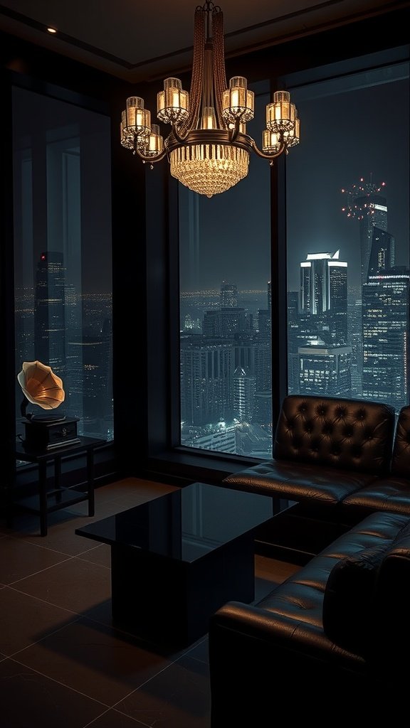 Luxurious lounge setting with a chandelier, black leather seating, and skyline views of Gotham City at night.
