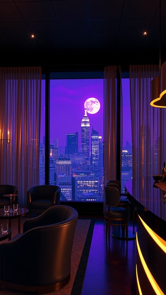 Luxurious lounge with dark leather chairs and a view of the Gotham skyline at twilight, featuring the Empire State Building and a large moon.