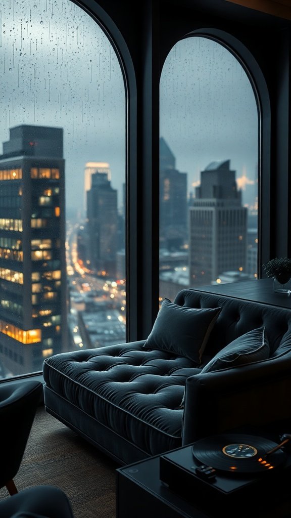 A luxurious lounge setting with a plush sofa and a view of a rainy Gotham City skyline through large glass windows.