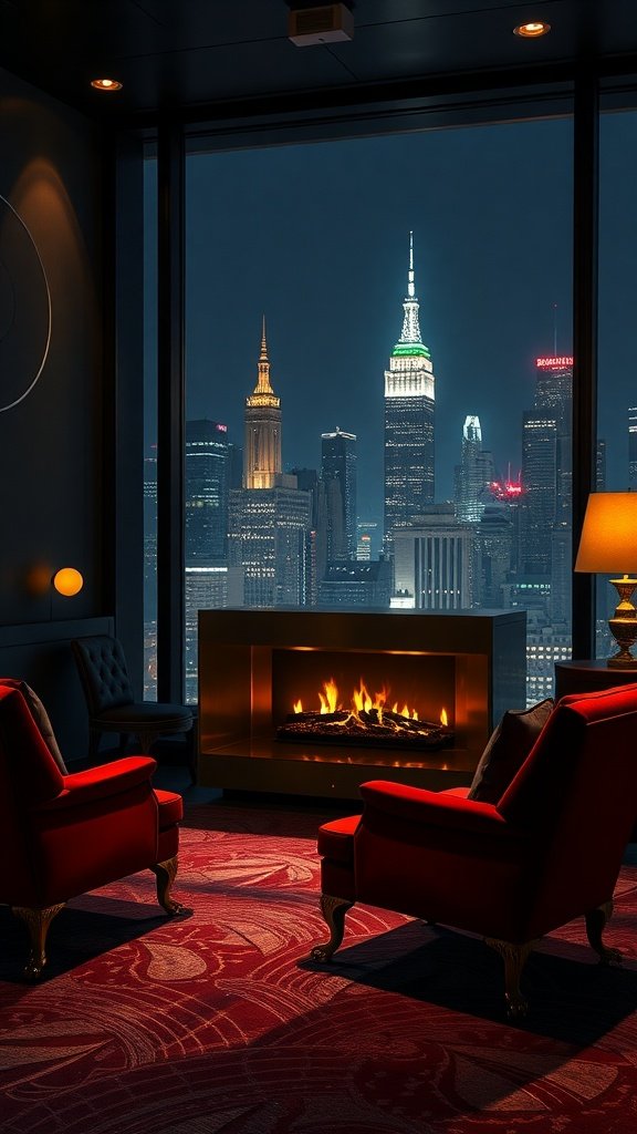 Luxurious lounge with red velvet chairs and a view of the Gotham skyline at night.